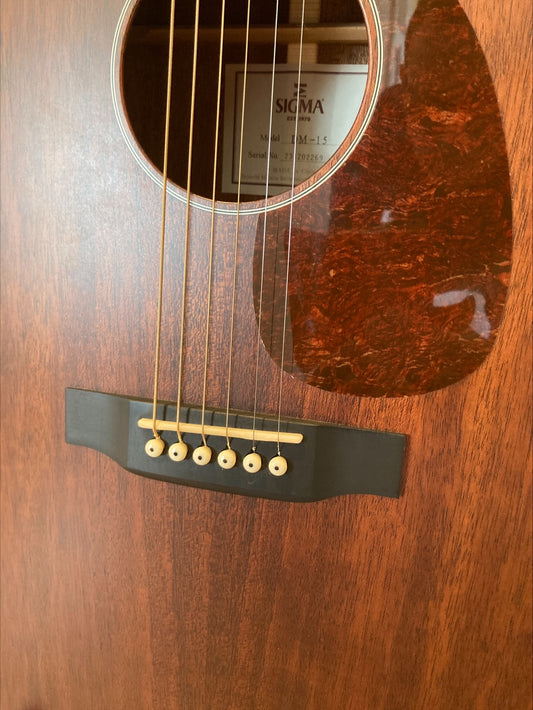 SIGMA DM-15 Solid Mahogany top Dreadnought acoustic with leather strap, output jack fitted and ready for electronics of your choice.