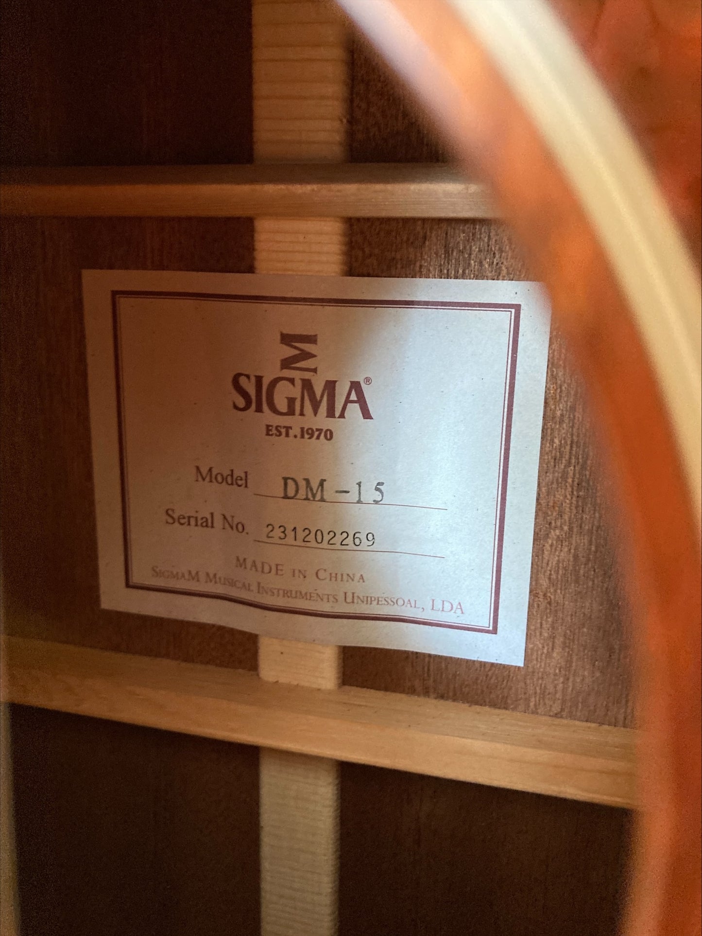 SIGMA DM-15 Solid Mahogany top Dreadnought acoustic with leather strap, output jack fitted and ready for electronics of your choice.