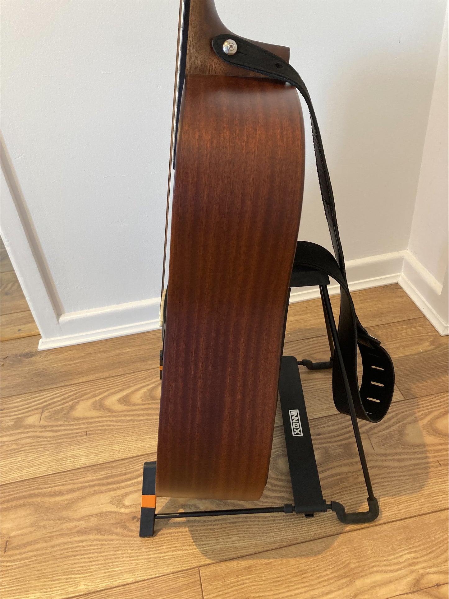 SIGMA DM-15 Solid Mahogany top Dreadnought acoustic with leather strap, output jack fitted and ready for electronics of your choice.