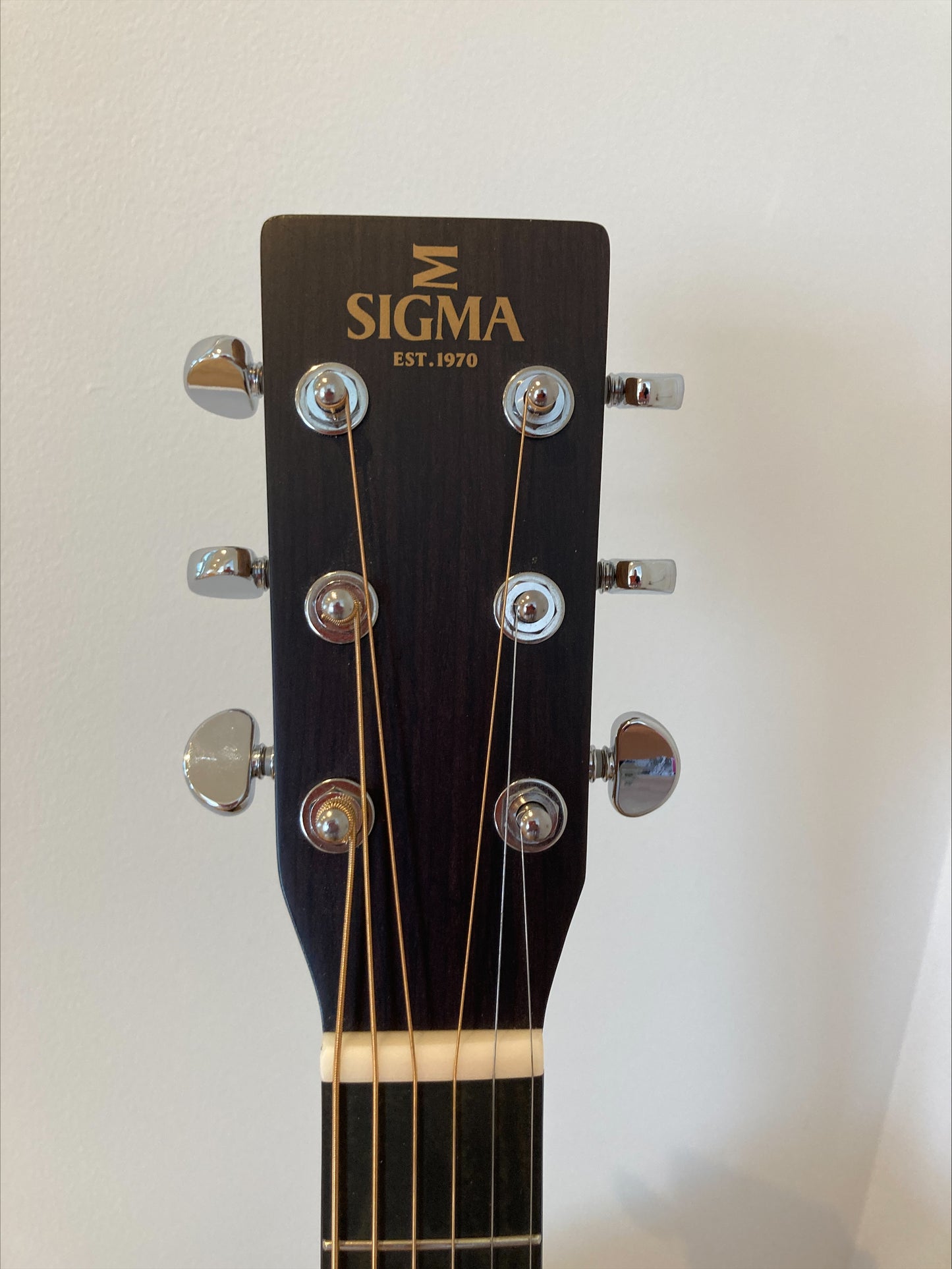 SIGMA DM-15 Solid Mahogany top Dreadnought acoustic with leather strap, output jack fitted and ready for electronics of your choice.