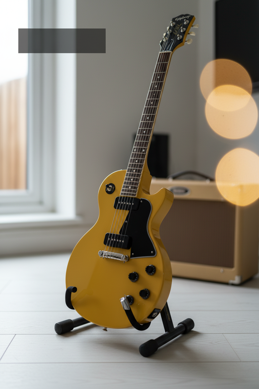 Les Paul in focus with blurred tweed amp background
